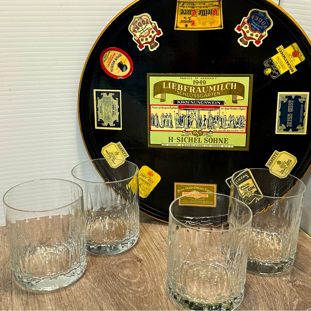 VTG Black Lacquer Drink Tray + Four BEAULIEU glasses by Cristal D’Arques Durand
